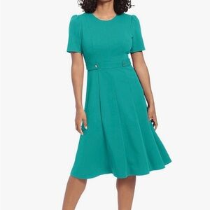 London Times Teal Fit-and-Flare Midi Dress